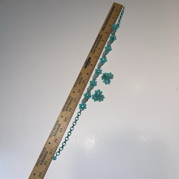 VTG Coro Daisy‎ Celluloid Aqua Blue AB Rhinestone Necklace 1950’s - Picture 3 of 5